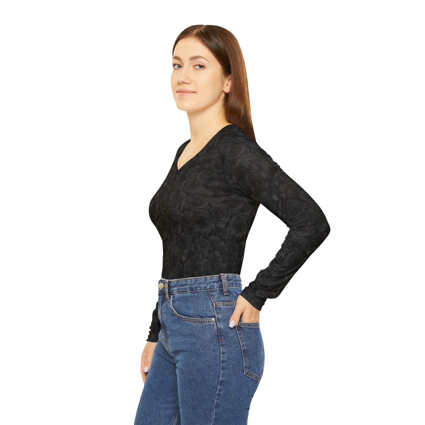 Black Rose Women's Long Sleeve V-neck Shirt (AOP)