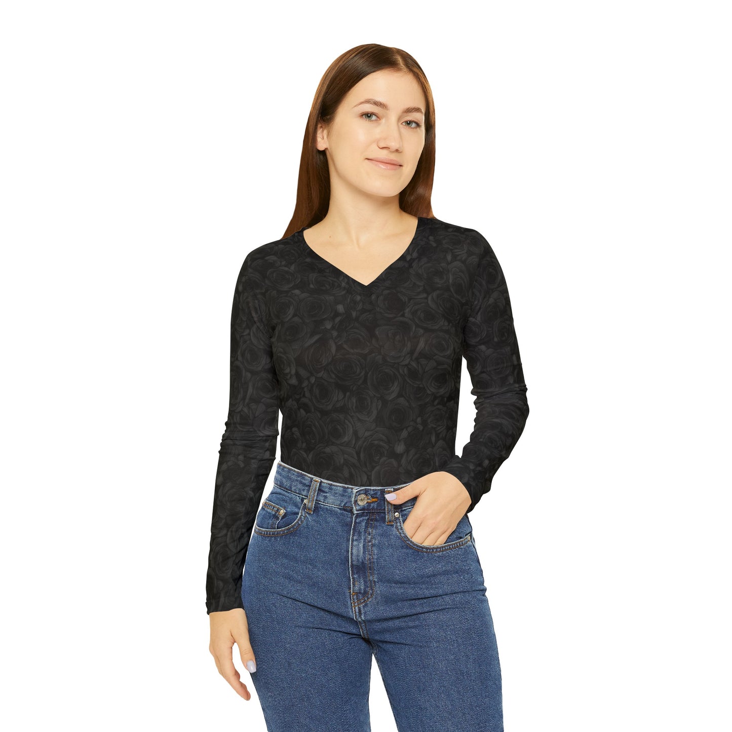 Black Rose Women's Long Sleeve V-neck Shirt (AOP)
