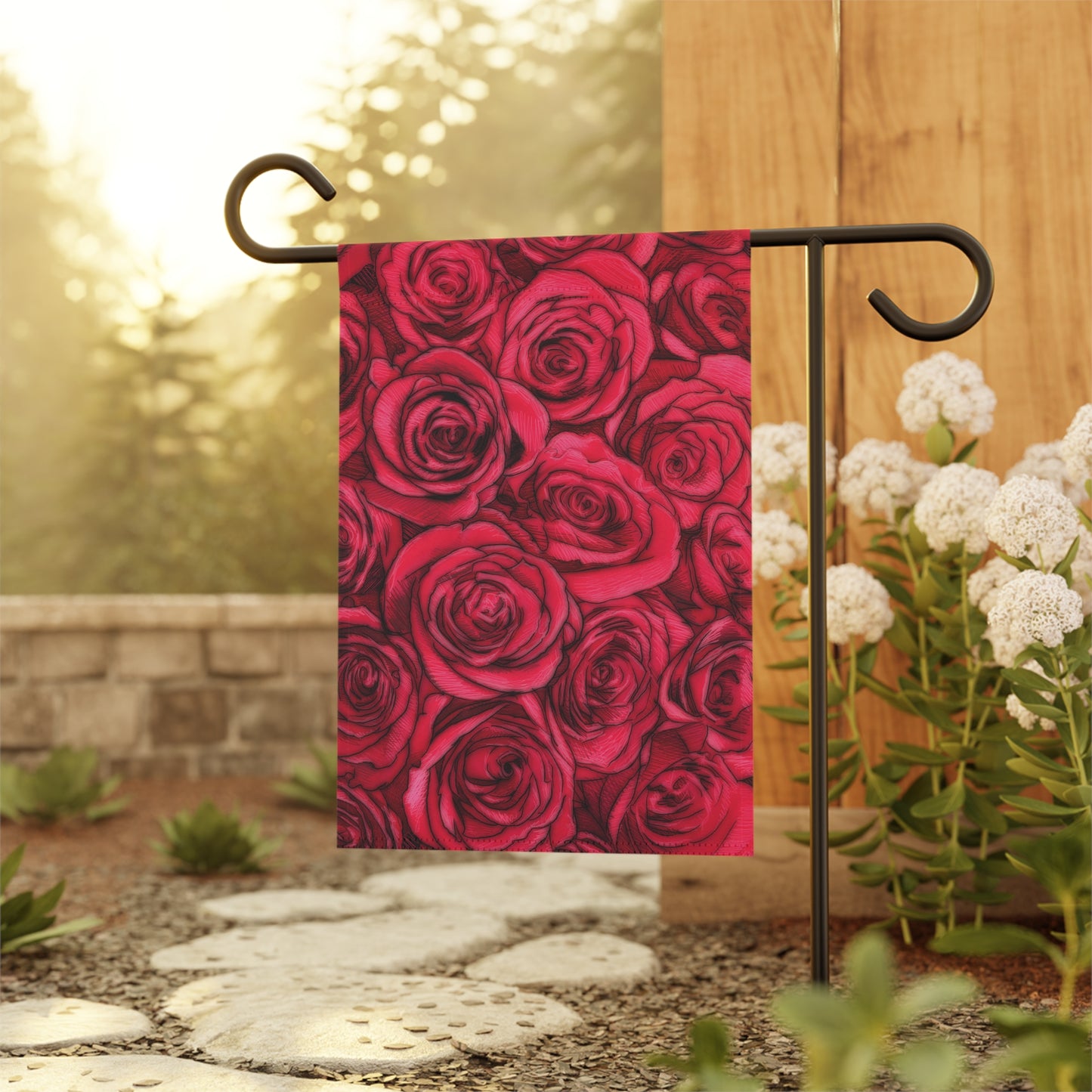Rose Garden & House Banner Anniversary Gardening Floral Pattern Botanical Lawn Decoration