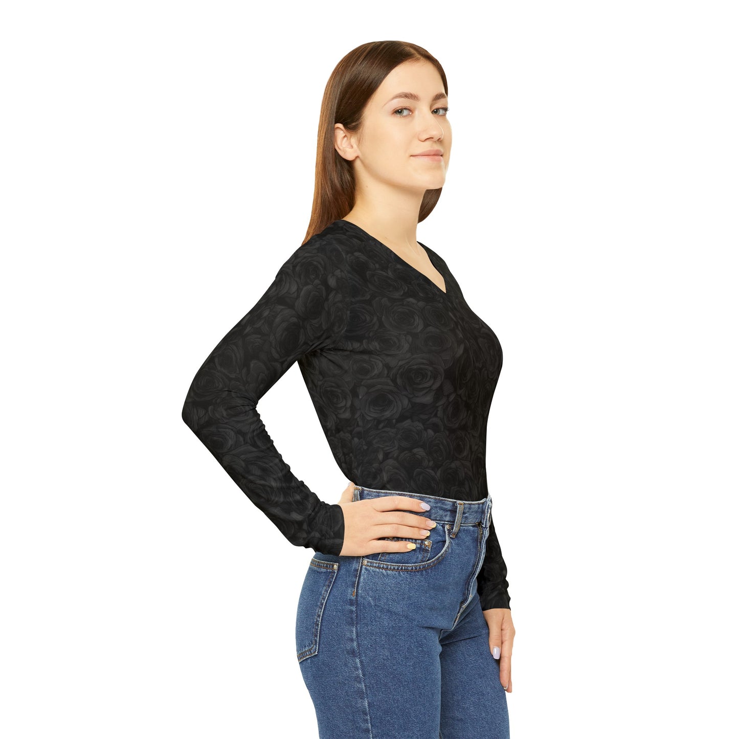 Black Rose Women's Long Sleeve V-neck Shirt (AOP)