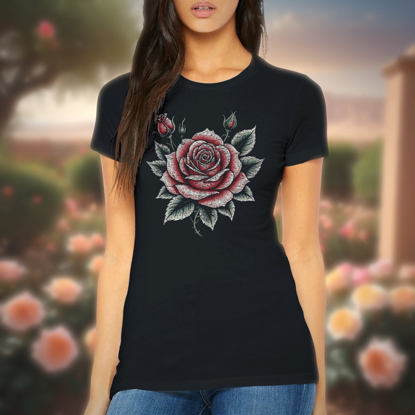 Rose American Traditional Premium Womens Crewneck T-shirt | Bella + Canvas 6004  Black | Botanical Illustration